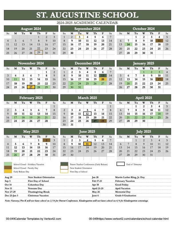 Academic Calendar St. Augustine School